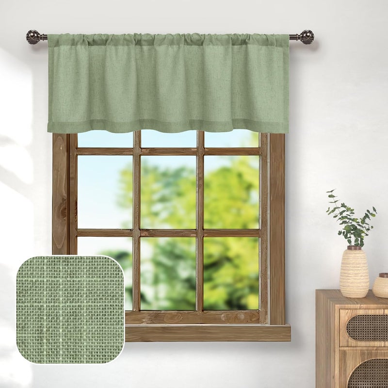 Pitalk Sage Green Linen Window Valance for Kitchen 3 Inch Rod Pocket Semi Sheer Boho Rustic Farmhouse Filtering Light Sage Valance Curtain Topper for Bedroom Living Room Dining Bathroom 18 Inch Length - Image 1